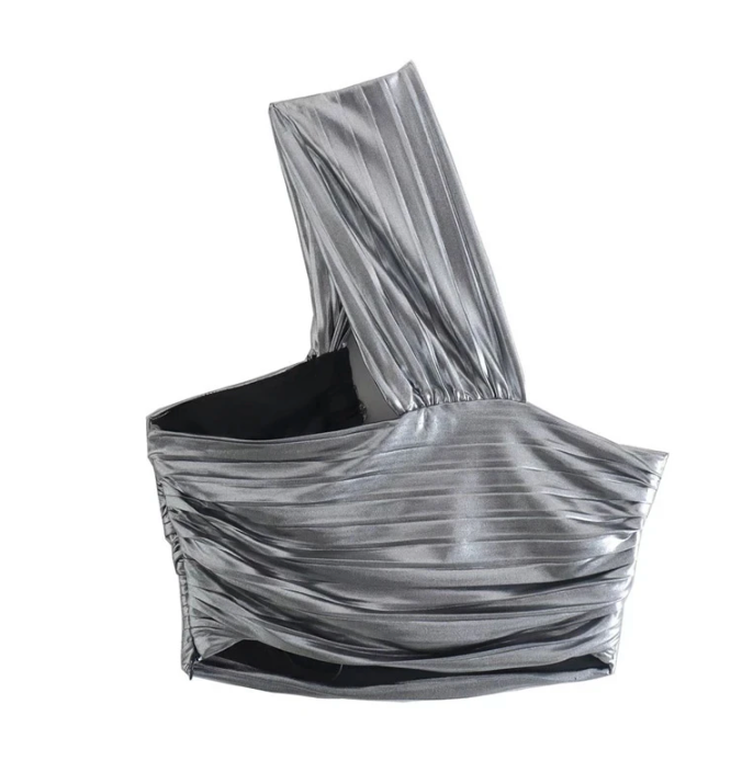 Astra One Shoulder Asymmetrical Crop Top (Silver)