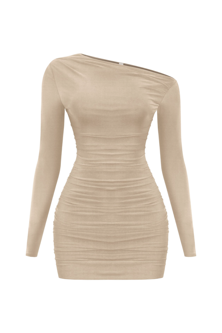 Ray Asymmetrical Long Sleeve Dress (Taupe Brown)