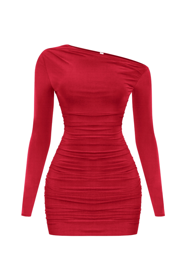 Ray Asymmetrical Long Sleeve Dress (Red)