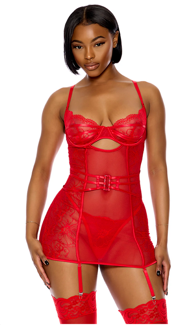 Lace Lingerie Chemise Set (Red)