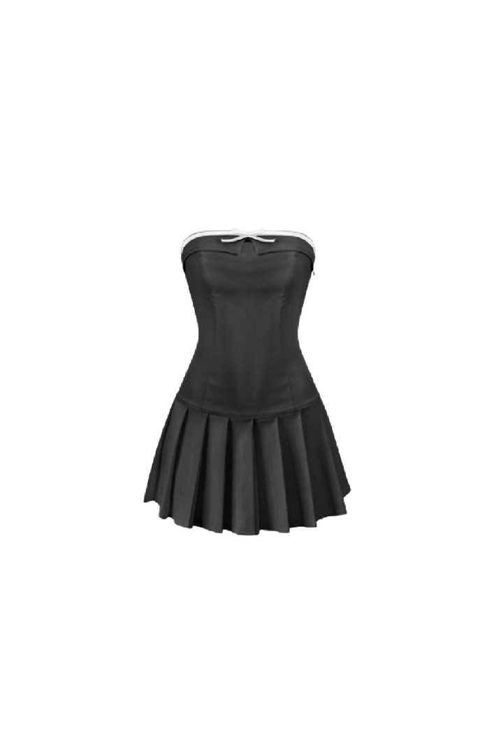 Gretchen Strapless Ribbon Pleated Dress (Black)