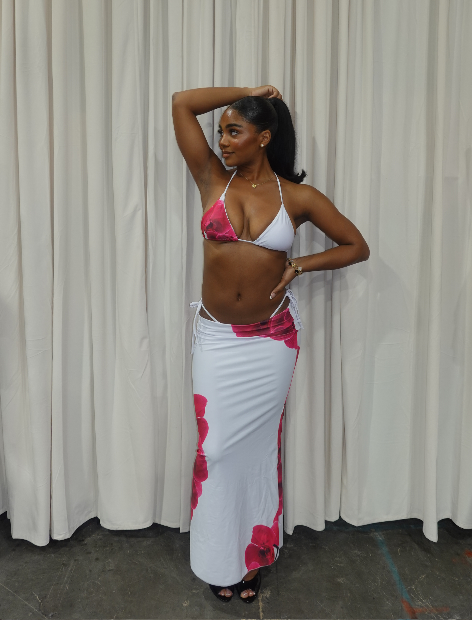 Hibiscus Bikini Maxi Skirt Set (White)