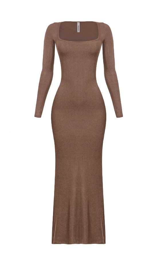 Kourtney Long Sleeve Ribbed Maxi Dress (Brown)