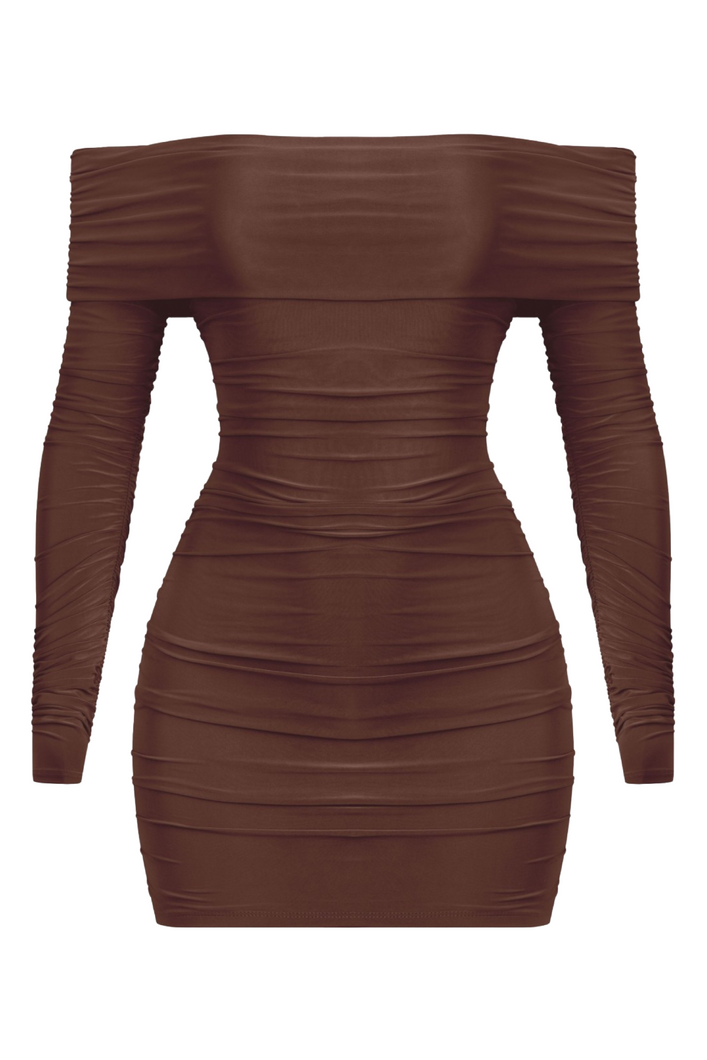 Zara Off Shoulder Ruched Dress (Brown)