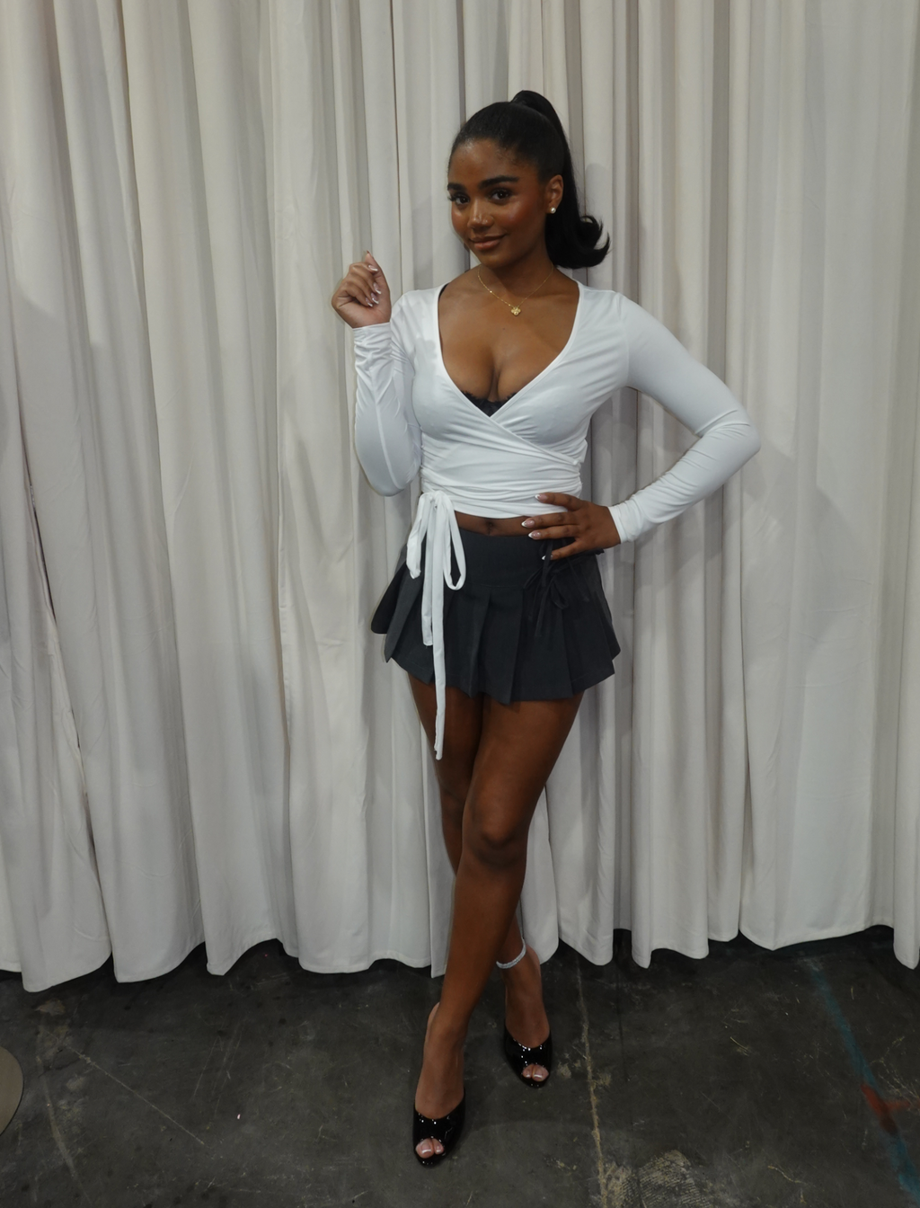 Poly Long Sleeve Wrap Top (White)
