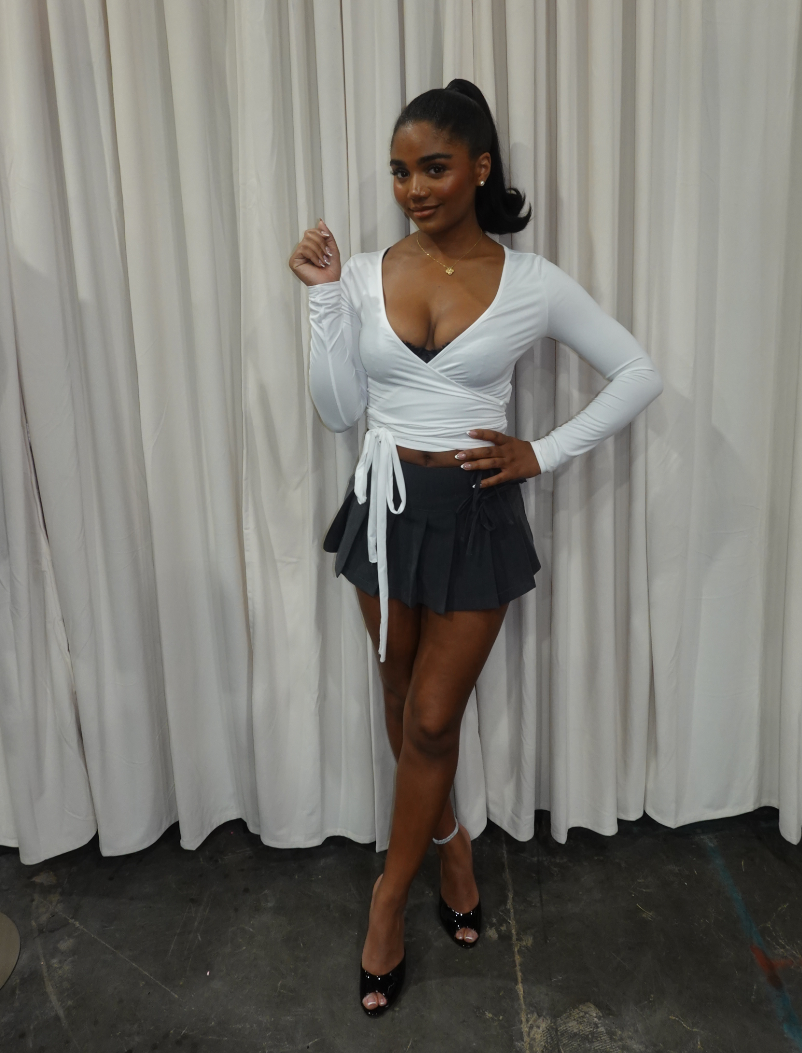 Poly Long Sleeve Wrap Top (White)