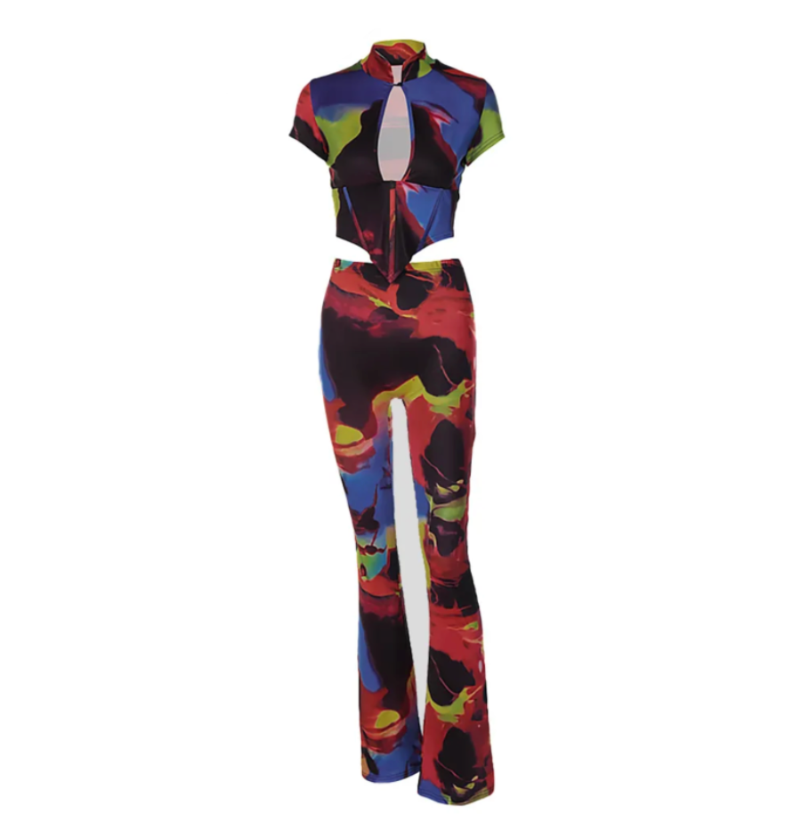 Corset Crop Top Flare Pants Set (Red Multi)