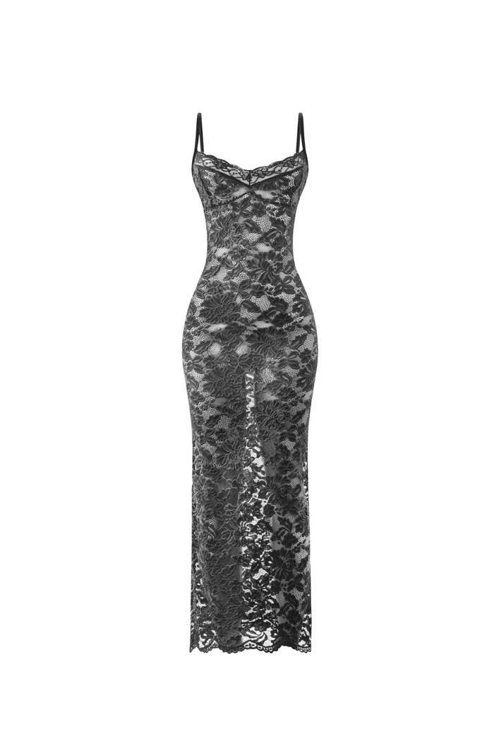 Noir Sheer Lace Maxi Dress (Black)