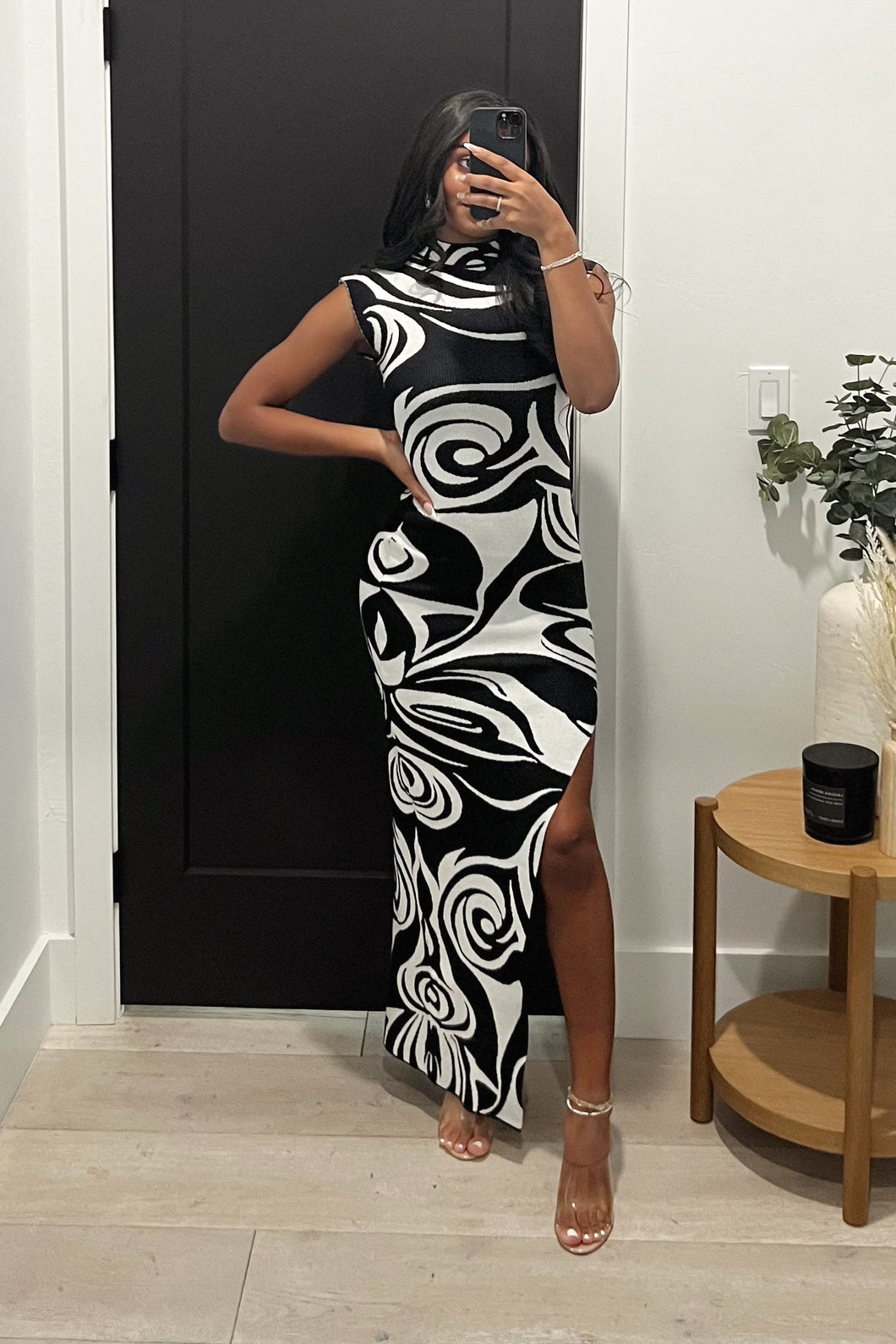 Julissa Slit Maxi Dress (Black/White Marble)