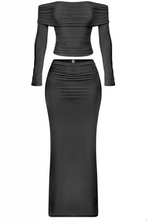 Load image into Gallery viewer, Helena Off Shoulder Long Sleeve Crop Top Maxi Skirt Set (Black)