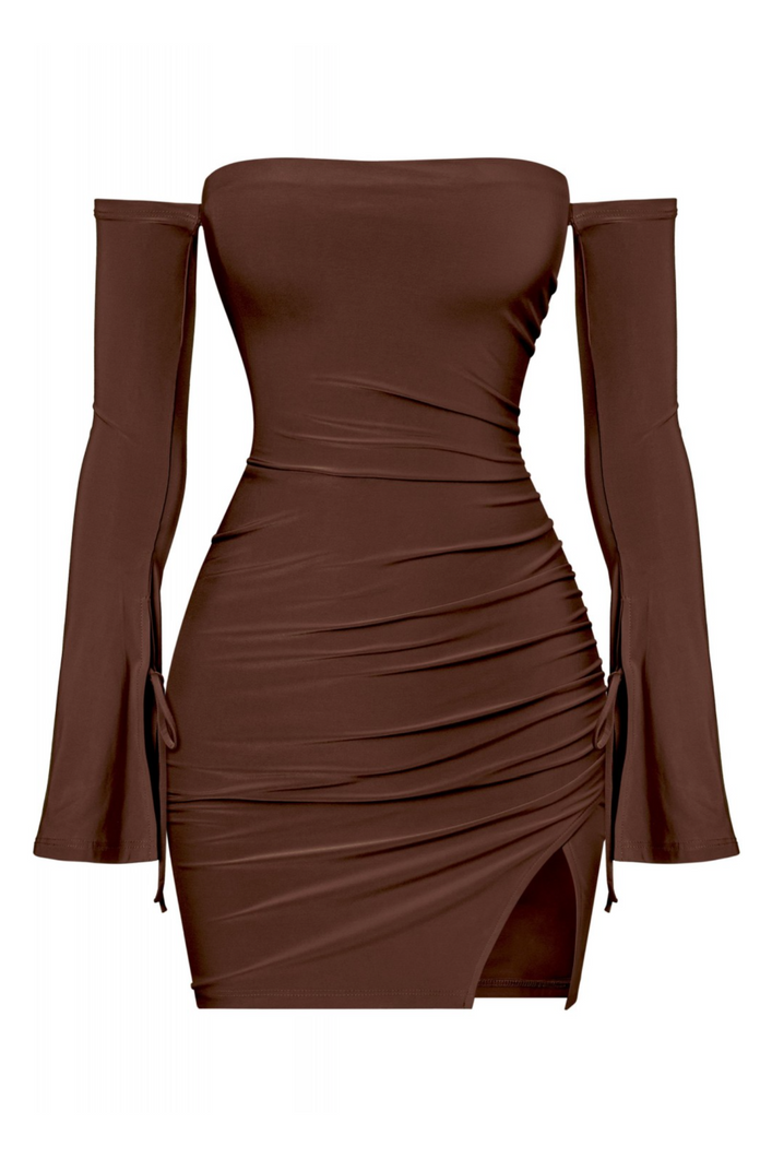 Milani L/S Off Shoulder Mini Dress (Brown)
