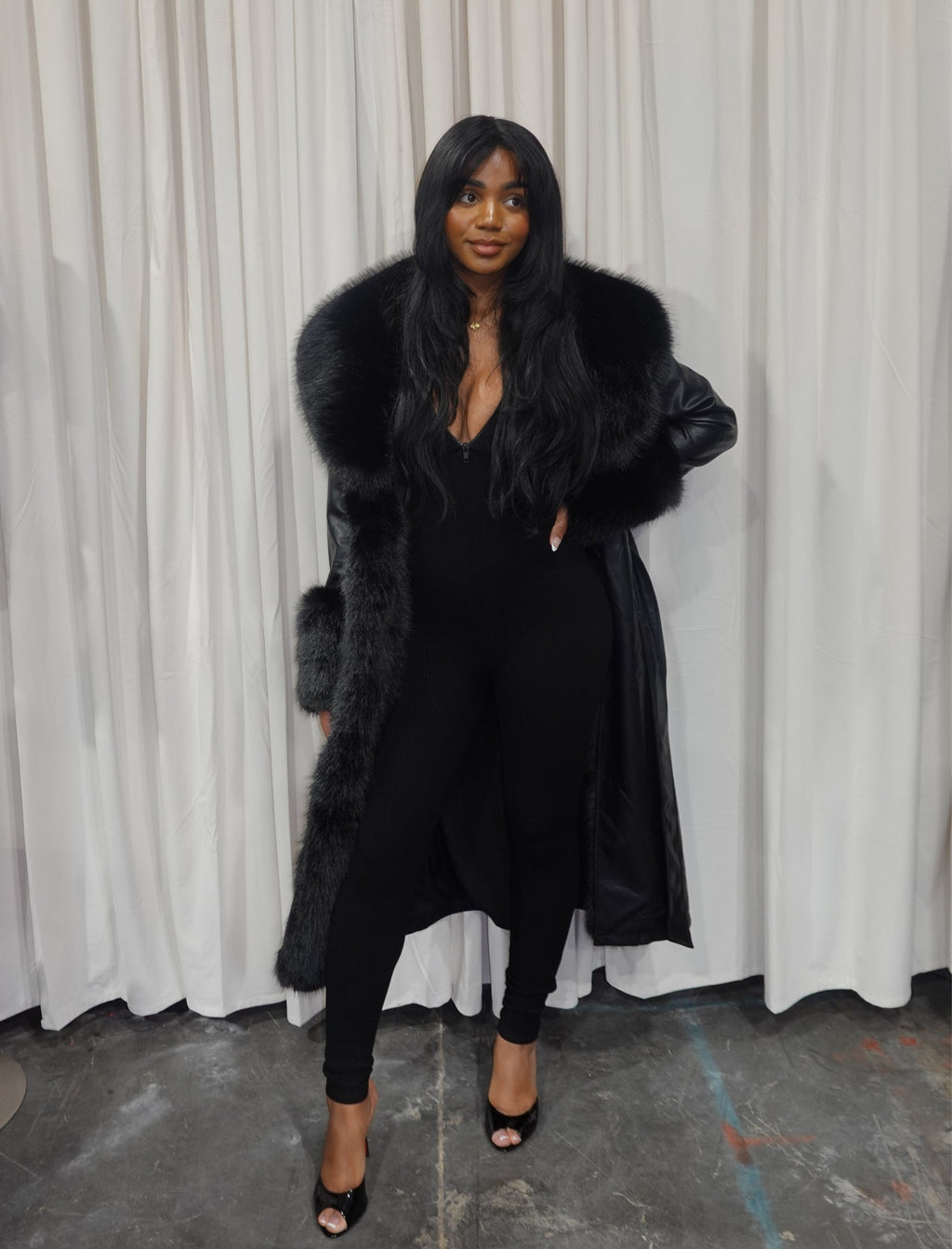 Roxy Fur Leather Long Trench Coat (Black)