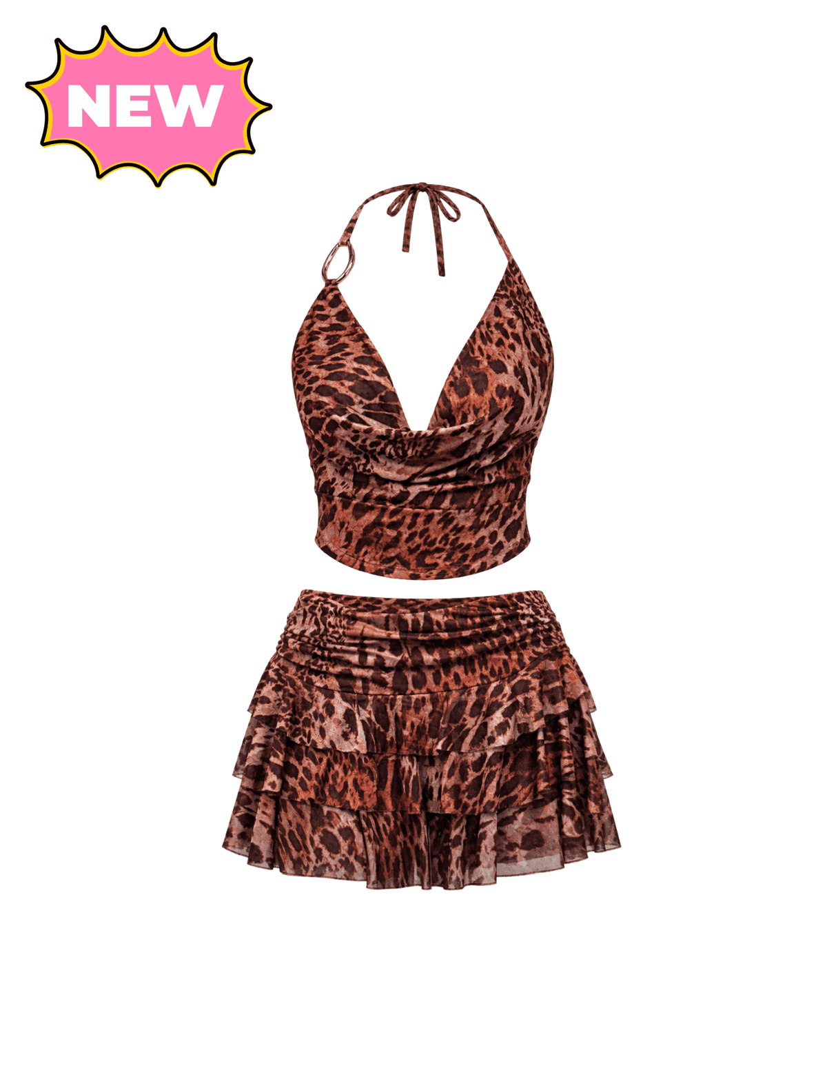 Denise Mesh Halter Skirt Set (Burgundy Red)