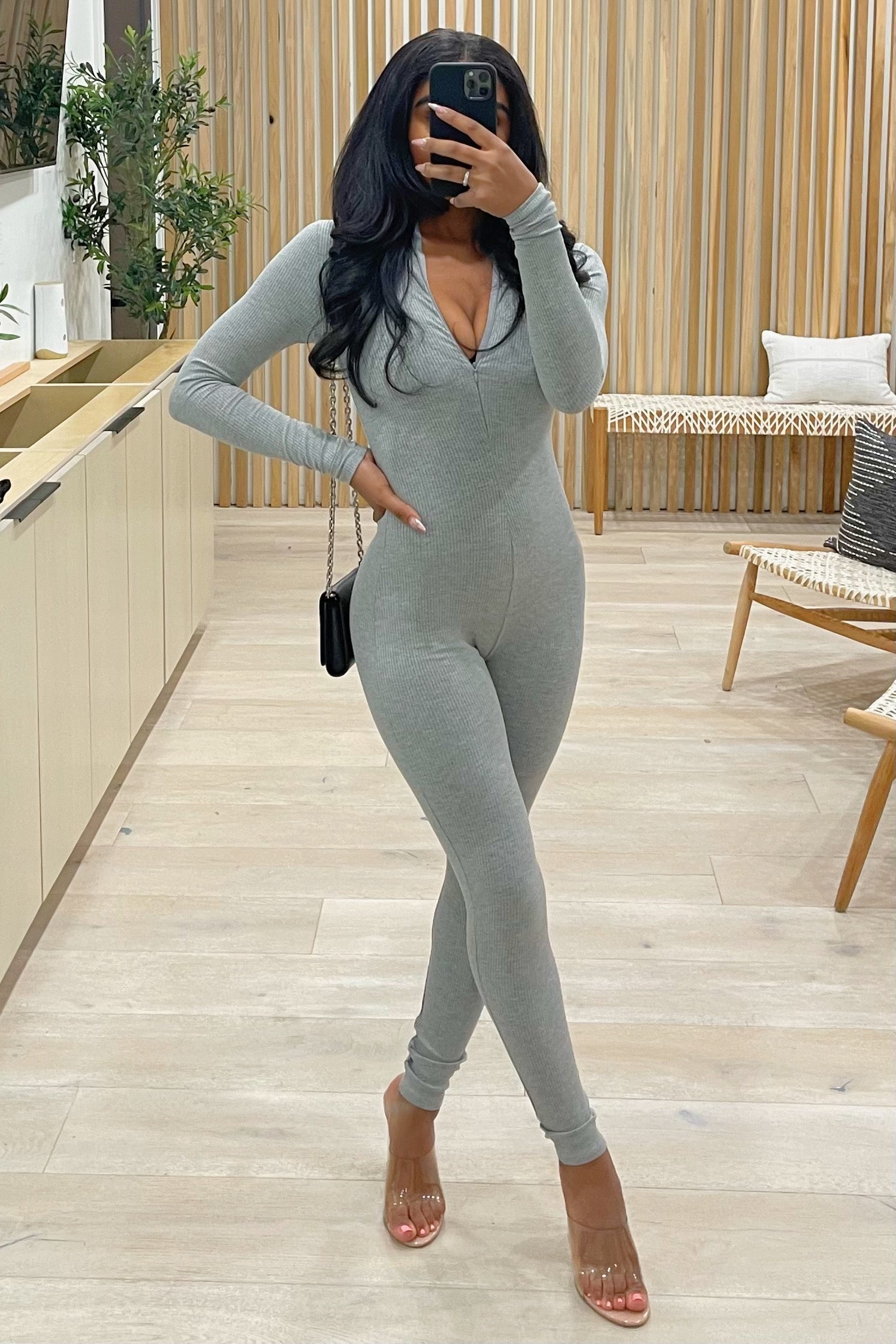 Jada Ribbed Mock Neck Long Sleeve Jumpsuit (Grey)