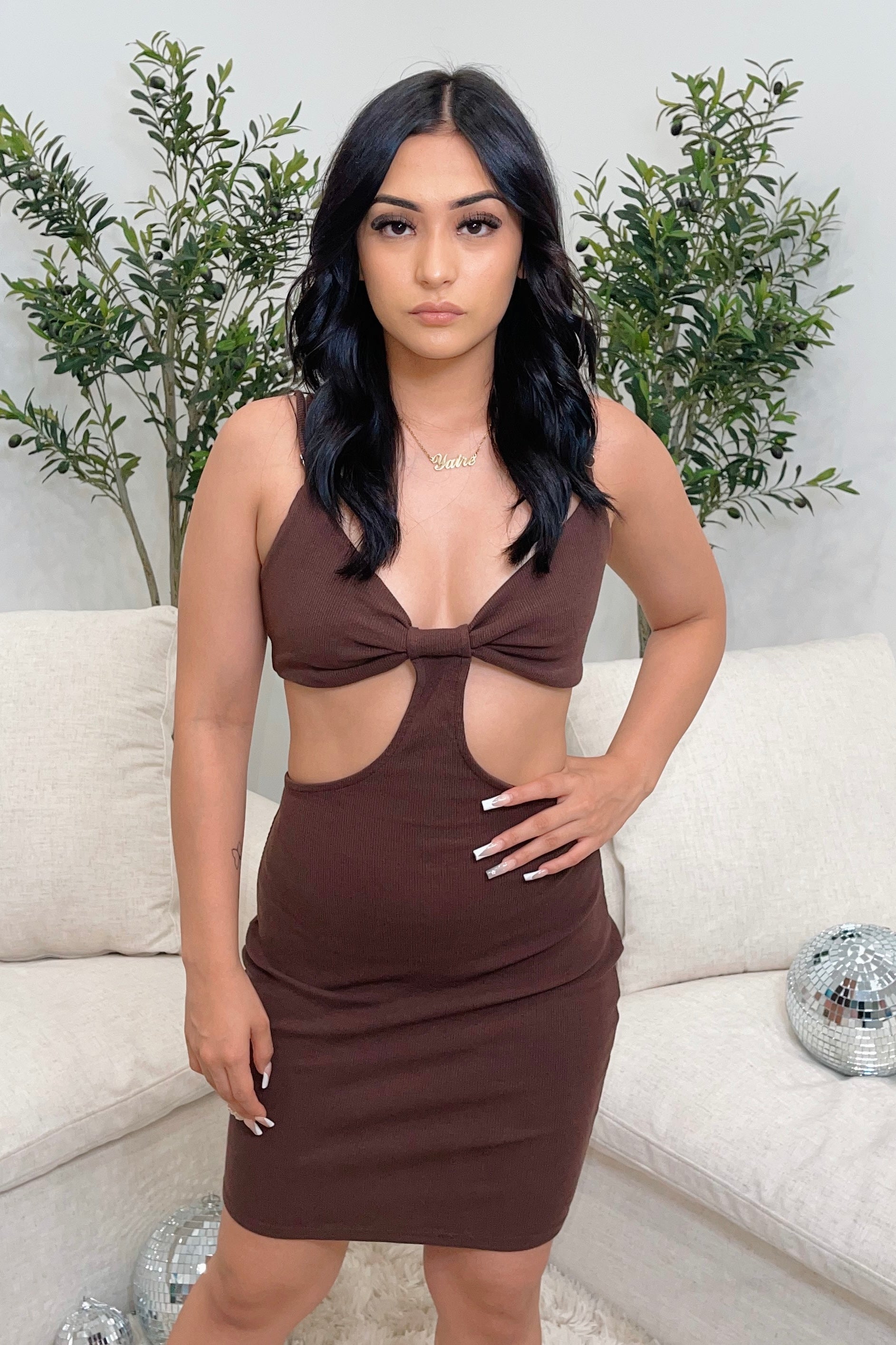 Petra Bow Cutout Dress (Brown)