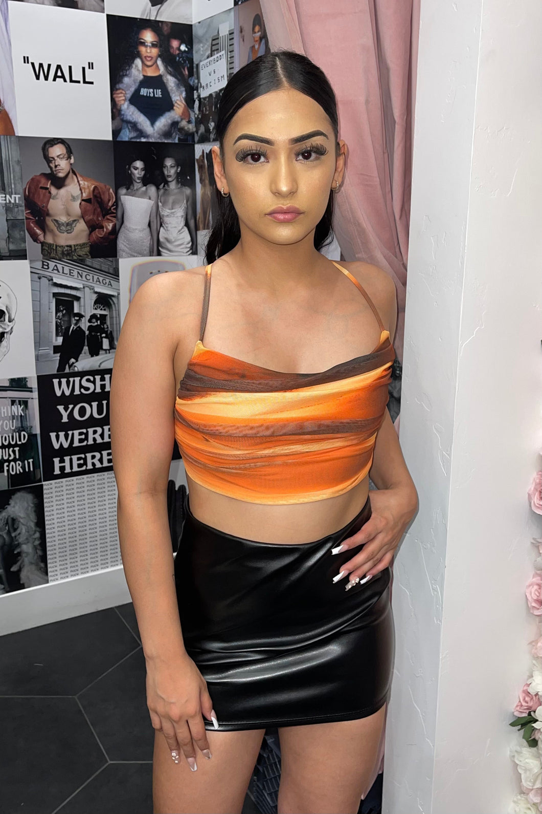 Libby Print Mesh Halter Crop Top (Orange Multi)