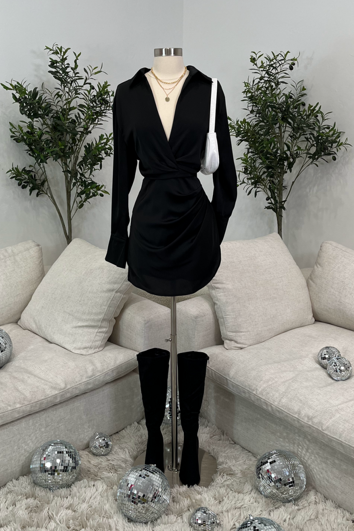 Harper Deep-V Mini Dress (Black)