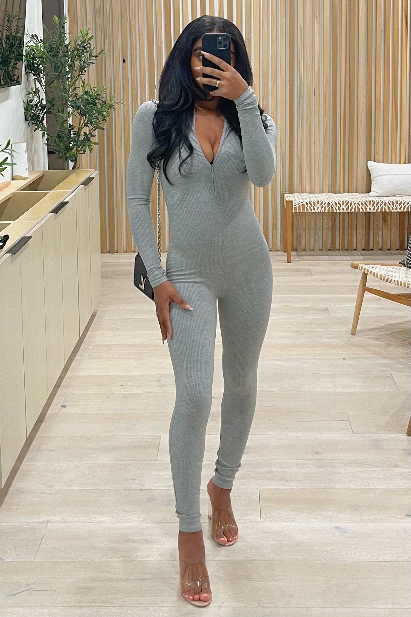 Jada Ribbed Mock Neck Long Sleeve Jumpsuit (Grey)