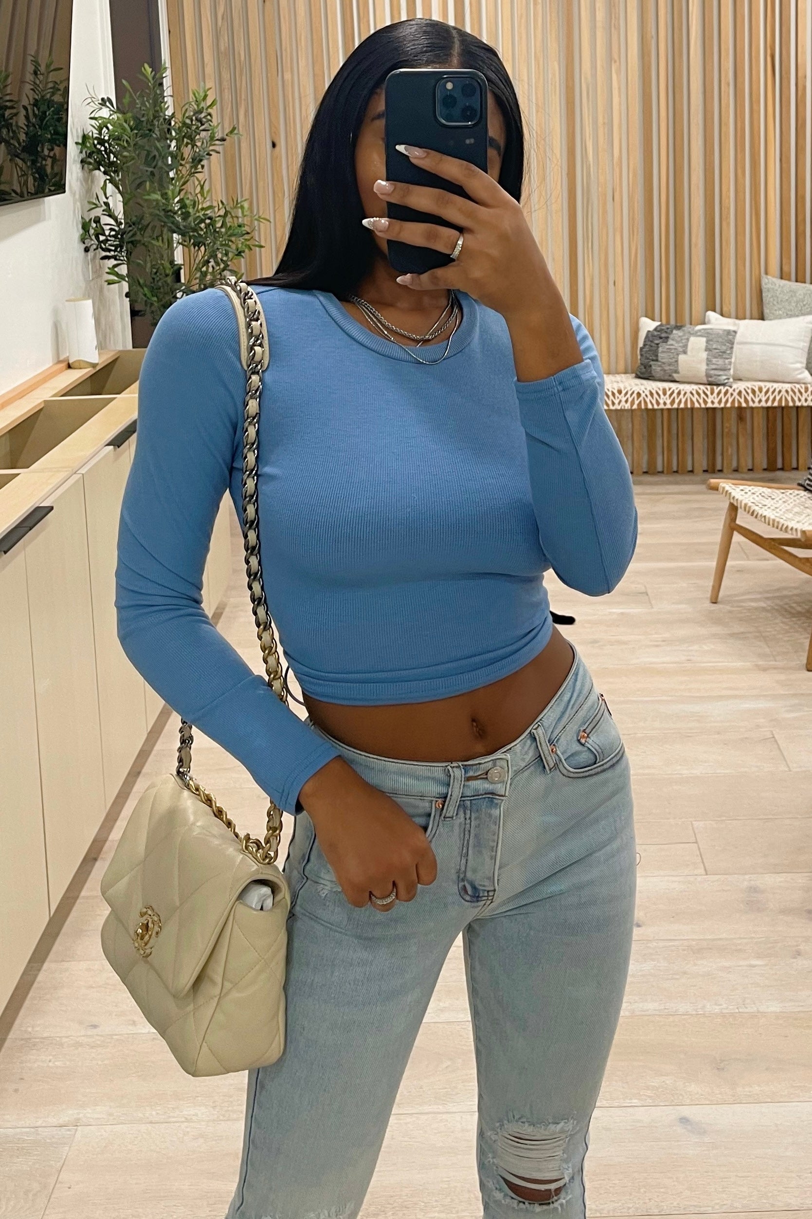 Jaymi Tie Open Back L/S Top (Dusty Blue)