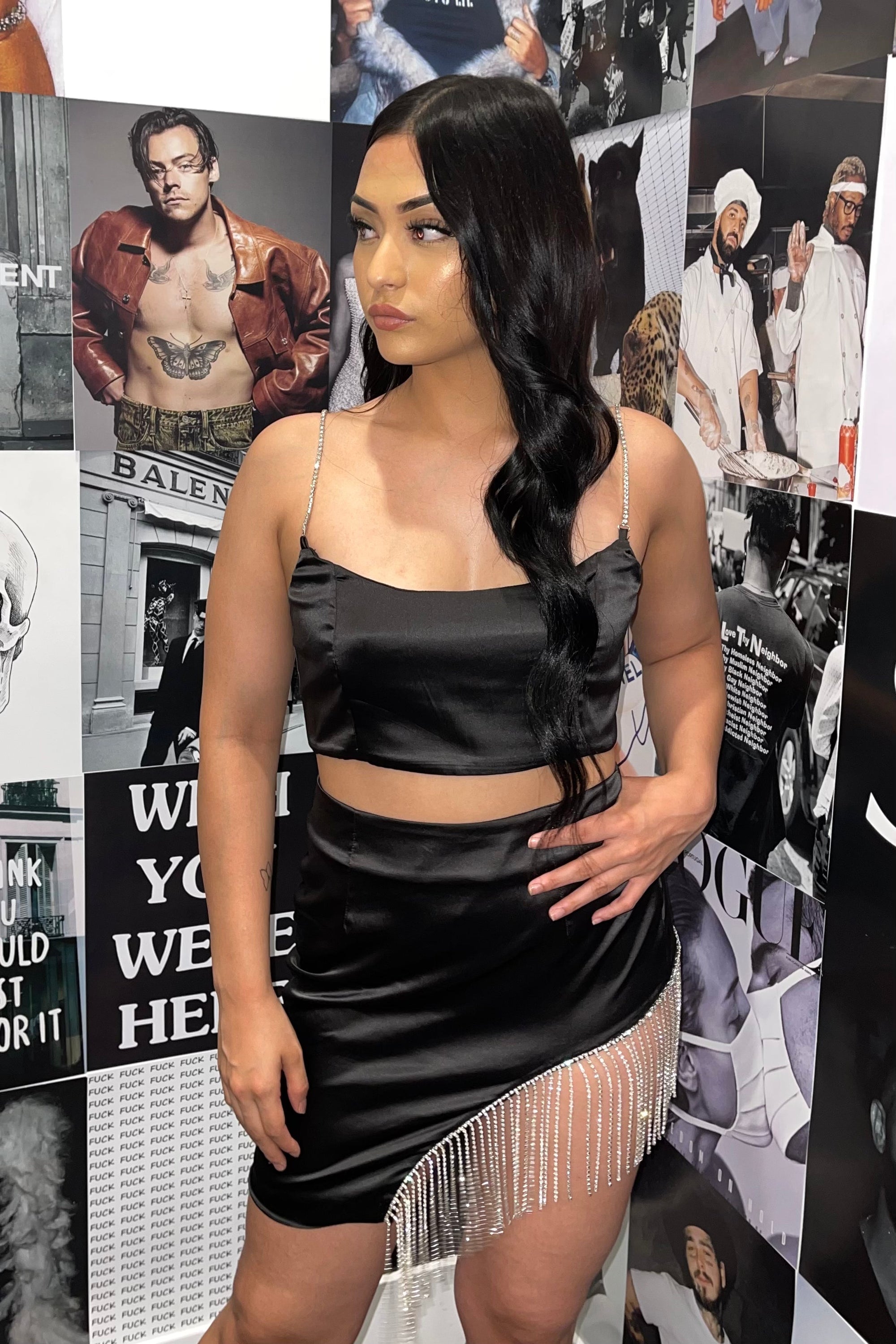 Chanelle Satin Rhinestone Skirt Set (Black)