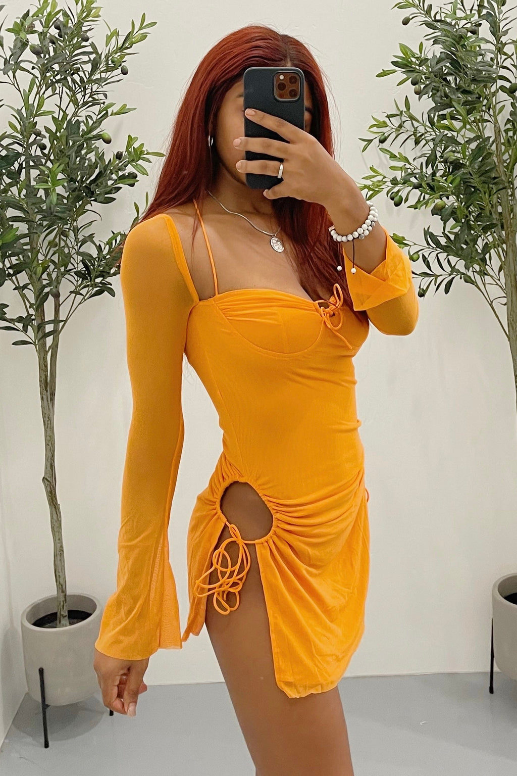 Maven Long Sleeve Cut Out Dress (Orange)