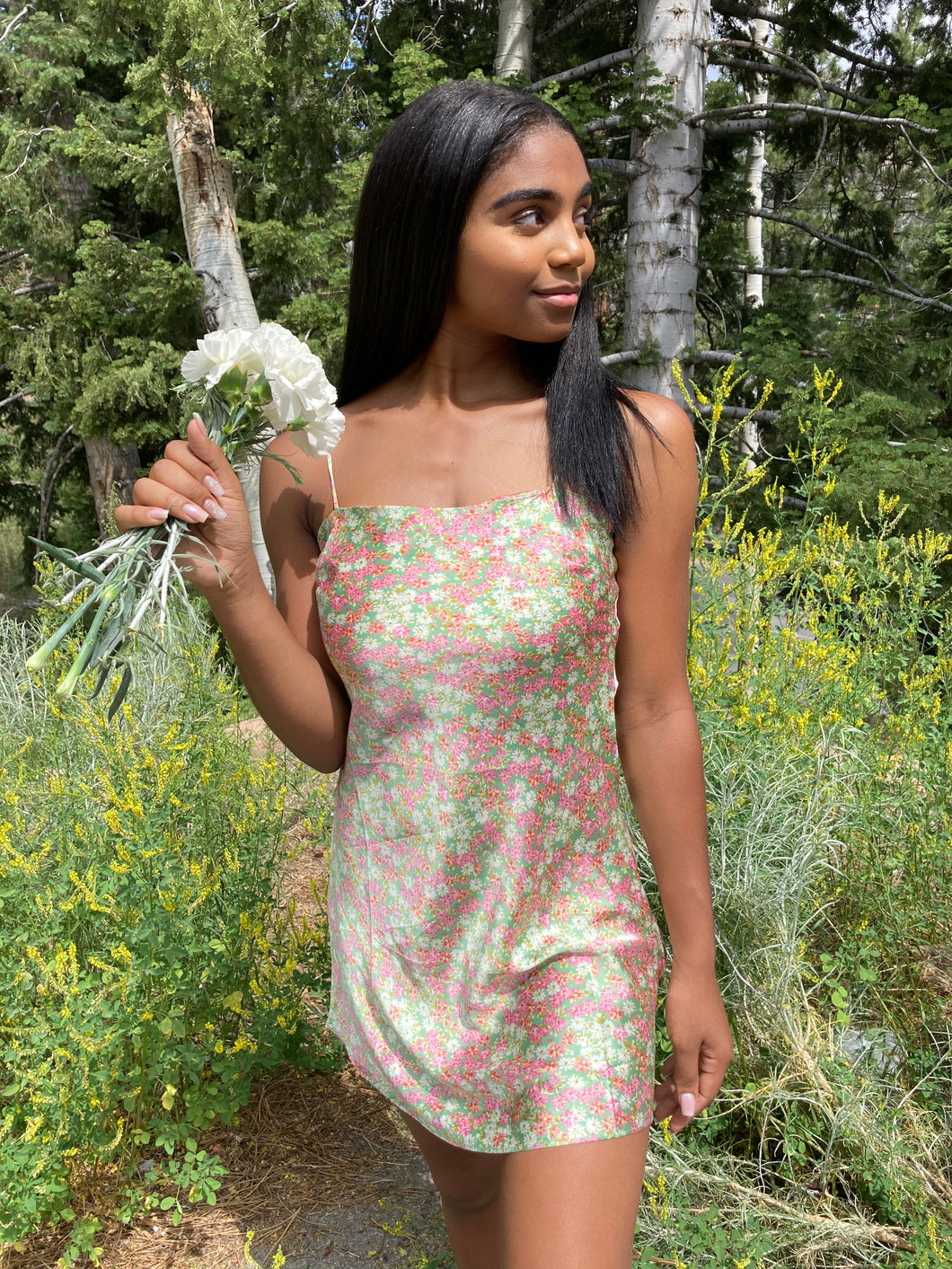 Laia Floral Satin Slip Dress (Green/Pink)