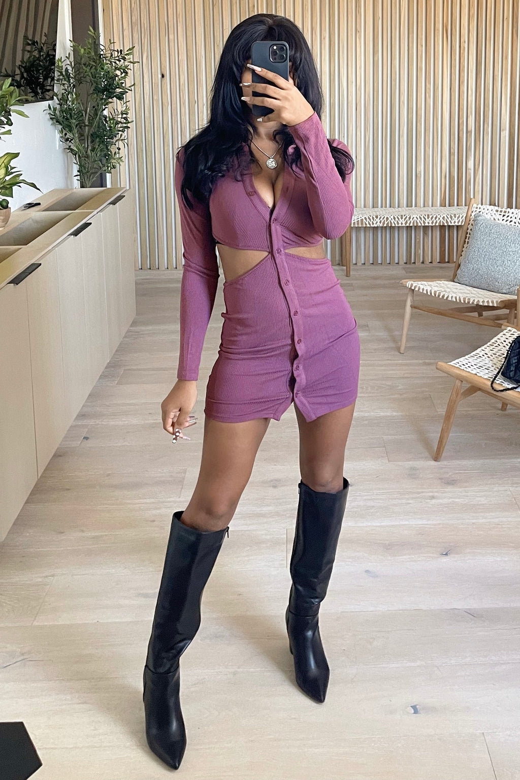 Lourde Button Side Cutout Dress (Plum Purple)