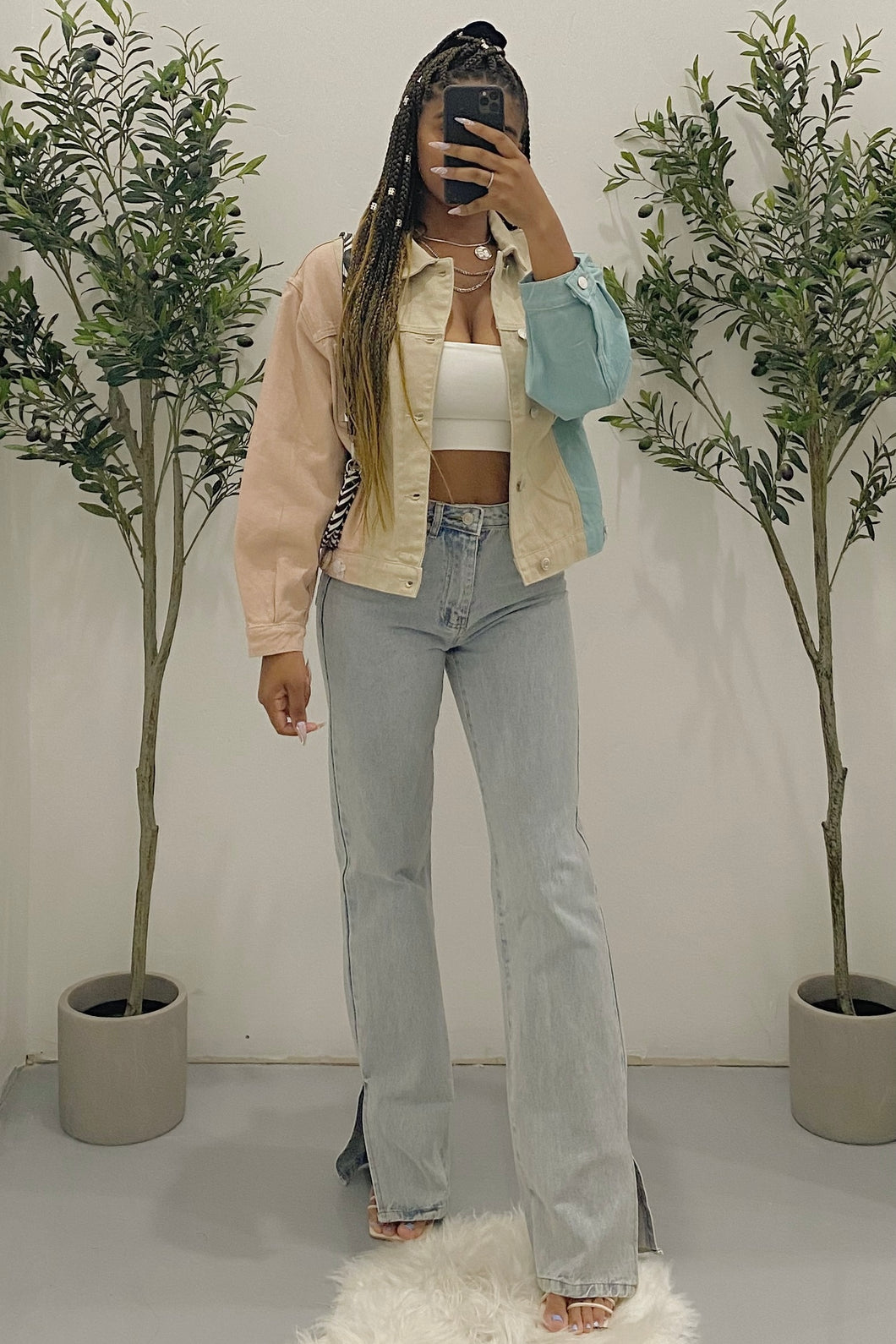 Aaliyah Denim Jacket (Beige Multi-color)
