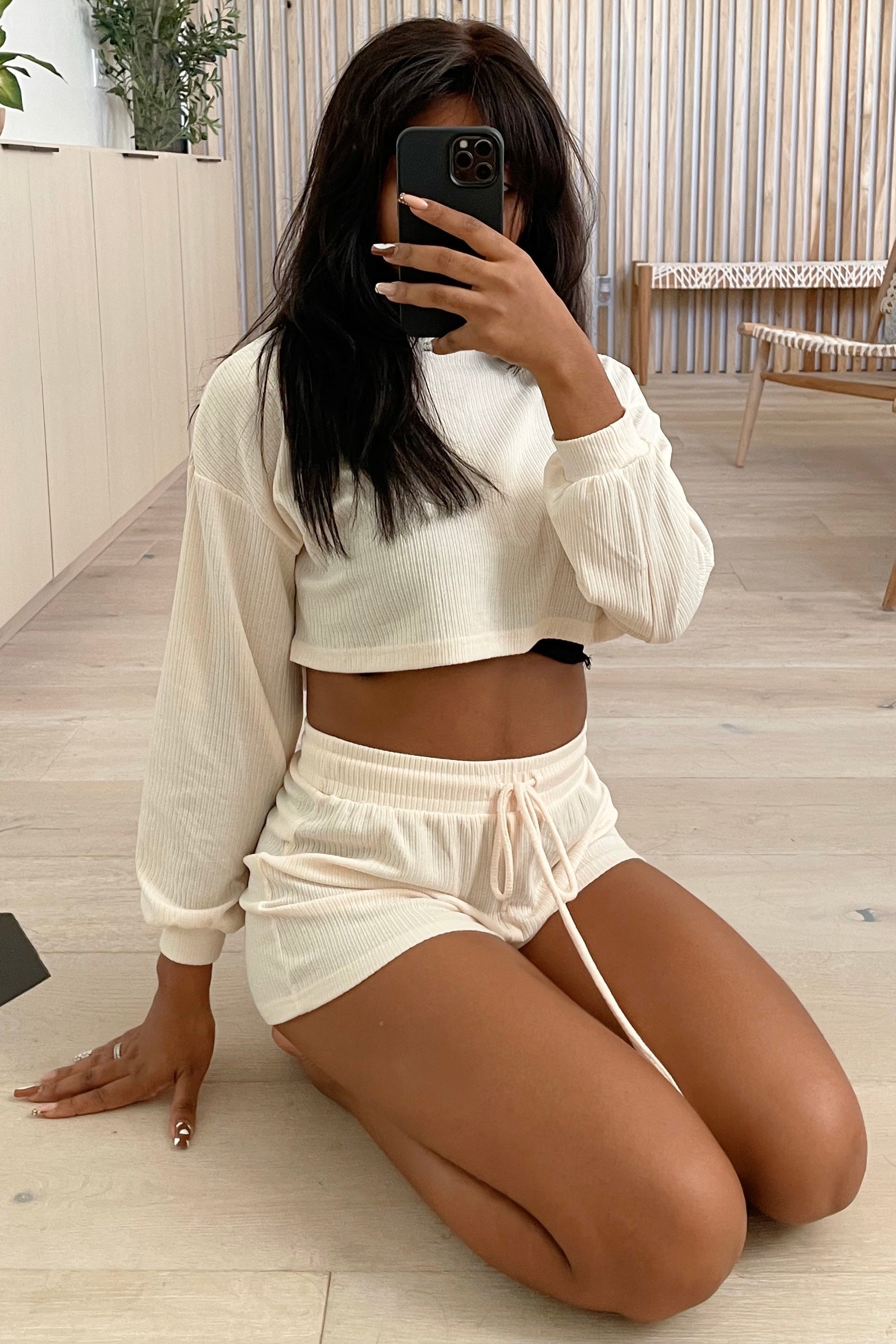 Sunday Knit Cropped Sweater & Shorts Set (Ivory White)