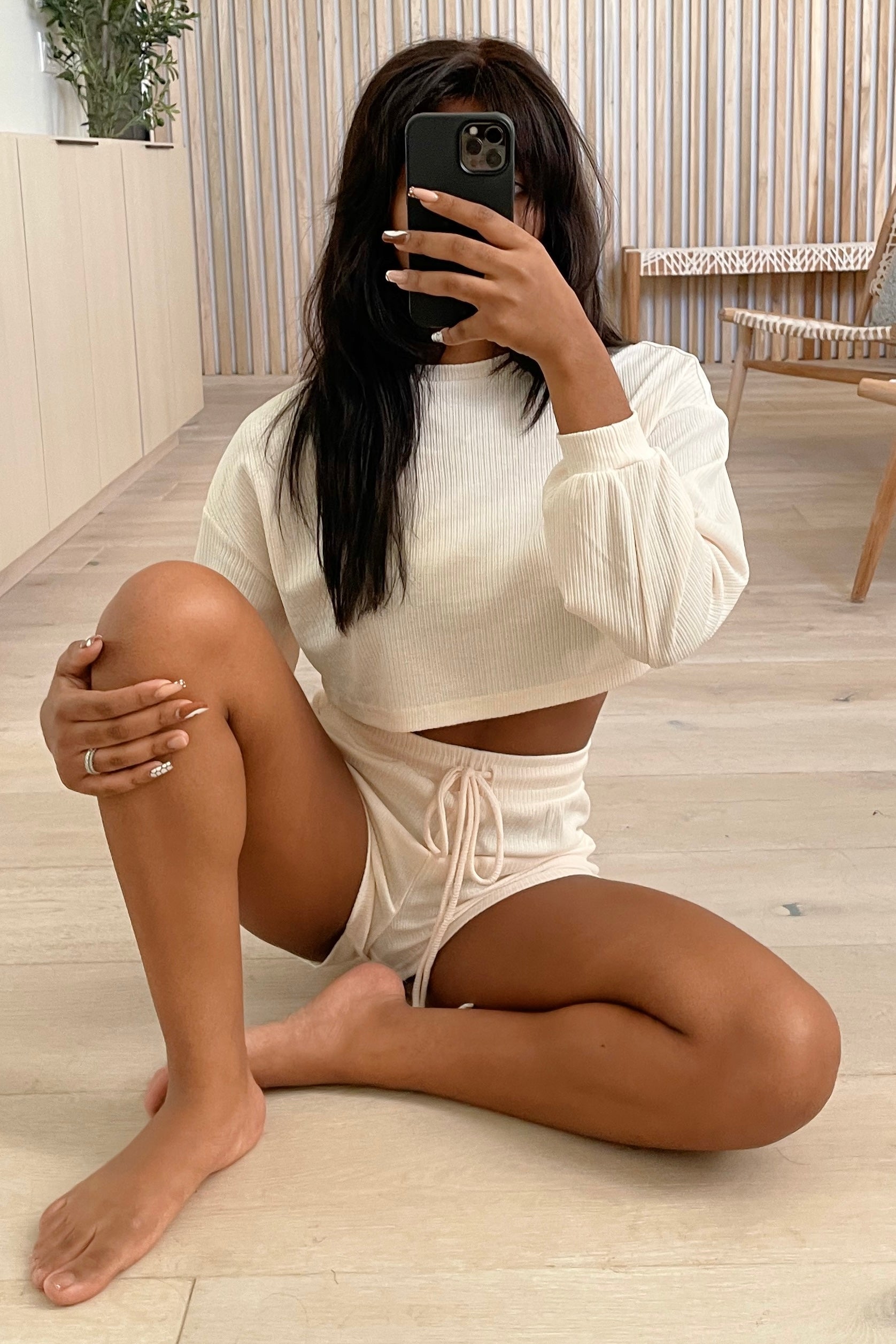 Sunday Knit Cropped Sweater & Shorts Set (Ivory White)
