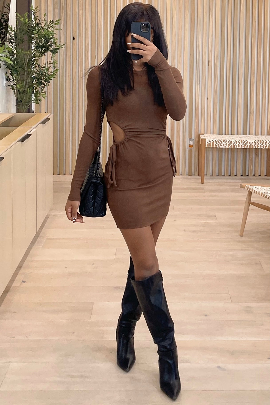Amy Long Sleeve  Side Cut Out Dress (Chocolate Brown)
