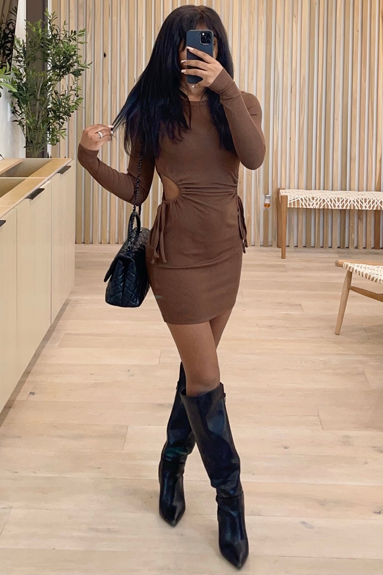 Amy Long Sleeve  Side Cut Out Dress (Chocolate Brown)