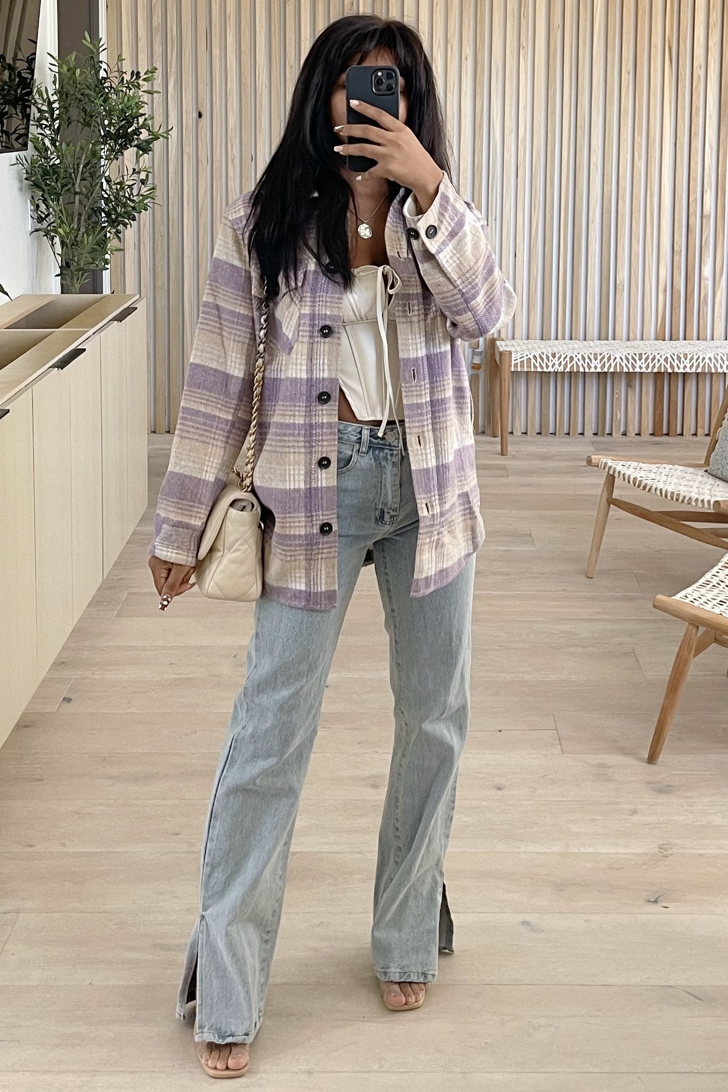 Karen Plaid Button Down Shacket (Lavender)