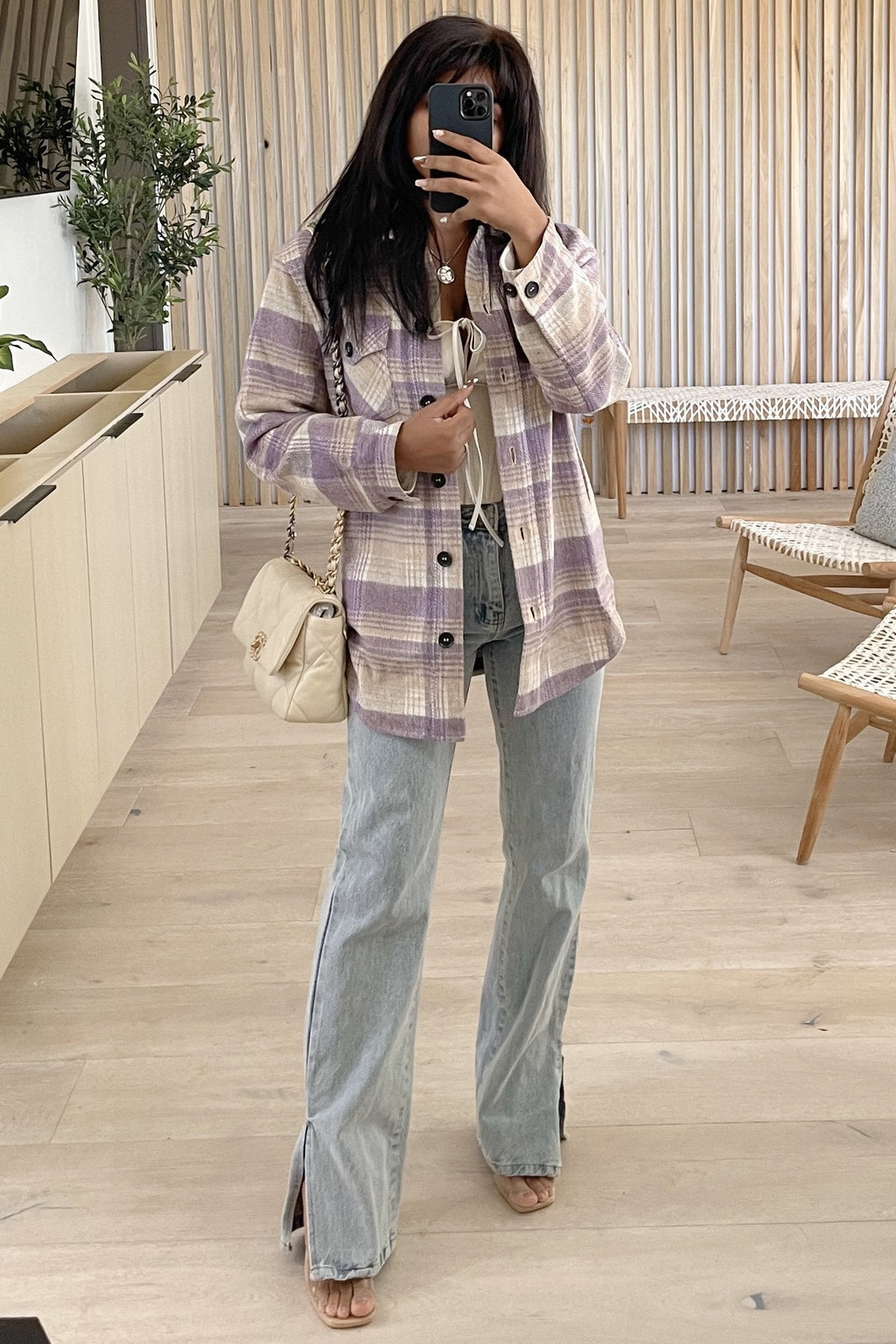 Karen Plaid Button Down Shacket (Lavender)
