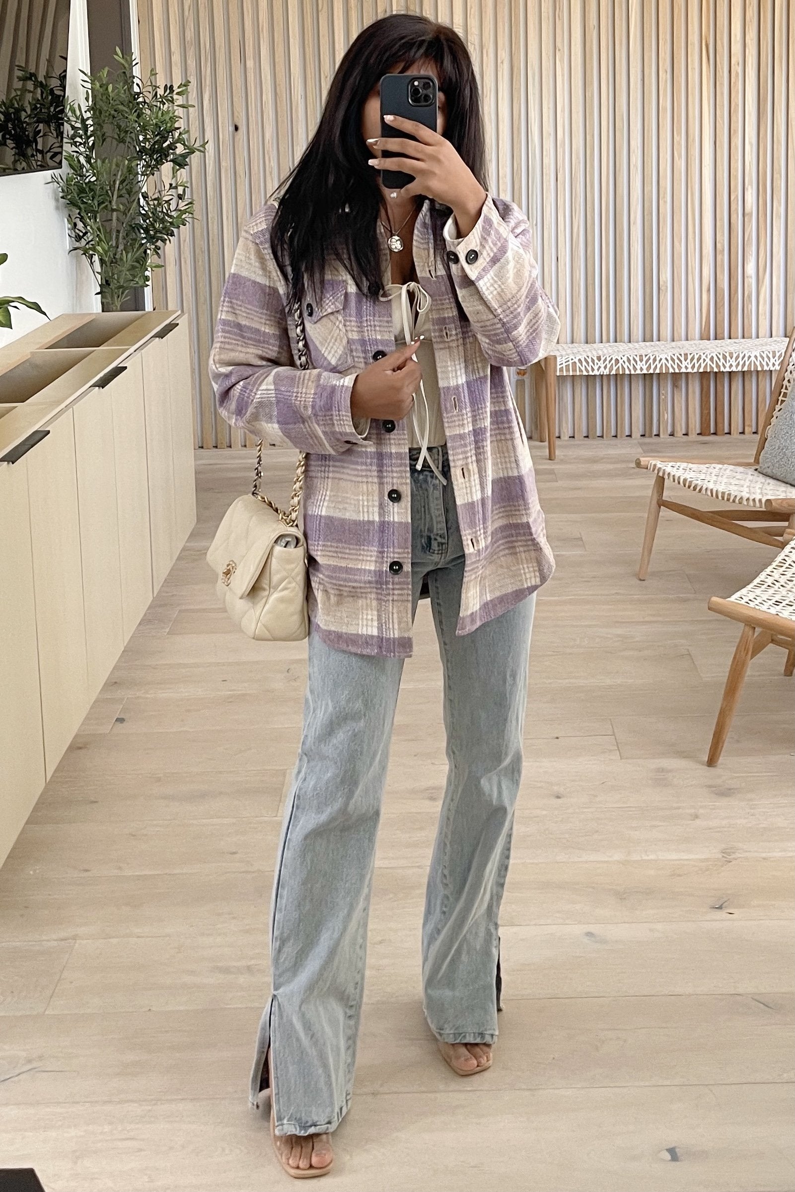 Karen Plaid Button Down Shacket (Lavender)