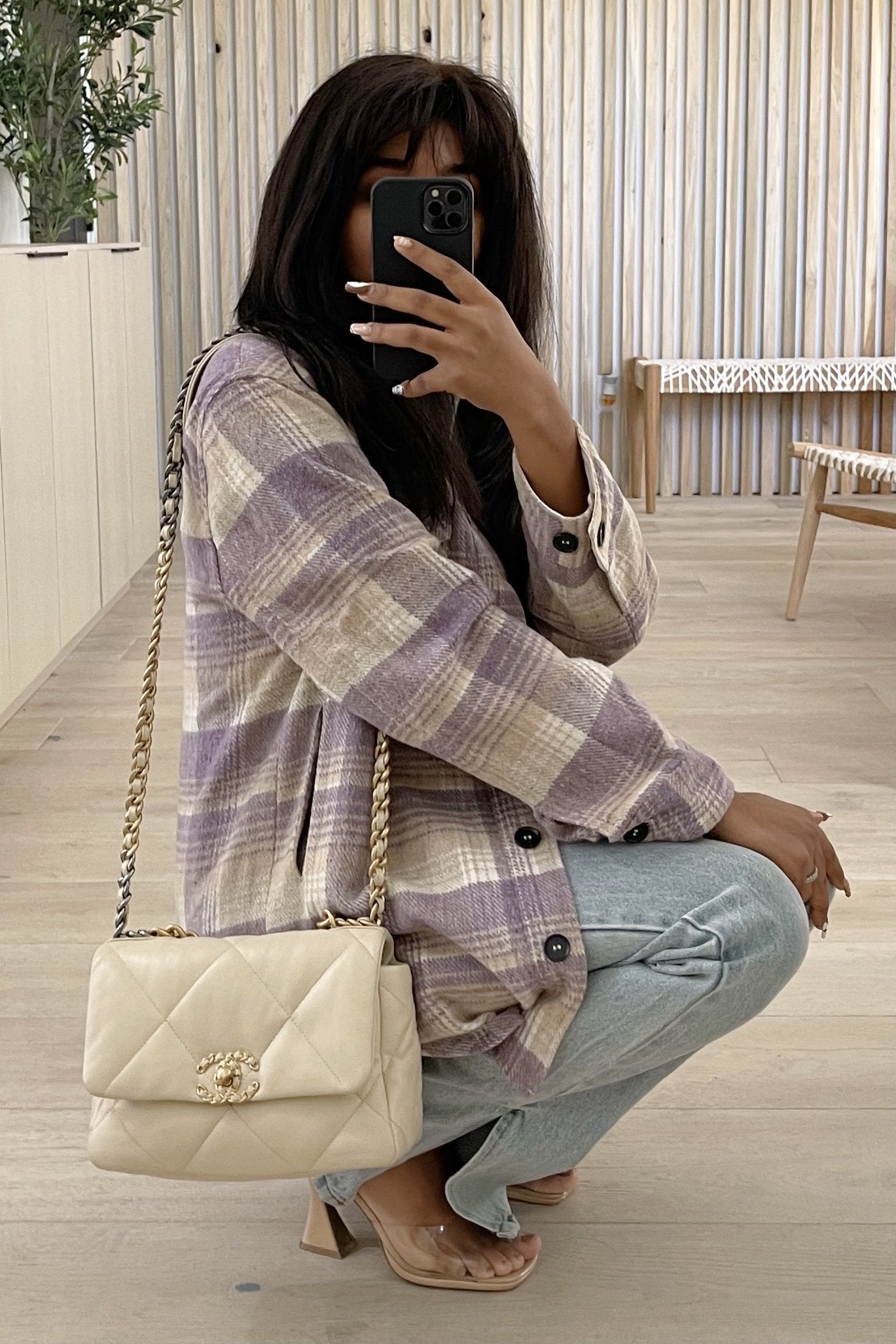 Karen Plaid Button Down Shacket (Lavender)