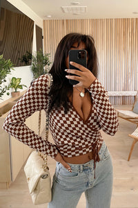 Alexia Checker Knit Wrap Top (Brown/Cream)