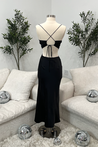 Kira Satin Cut Out Maxi Dress (Black)