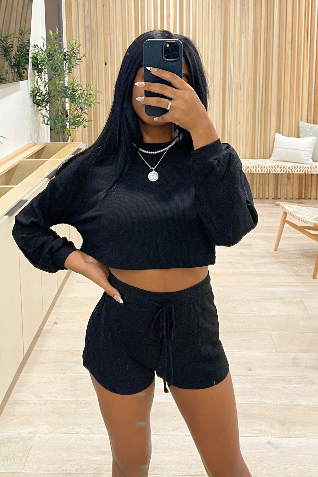 Sunday Knit Cropped Sweater & Shorts Set (Black)