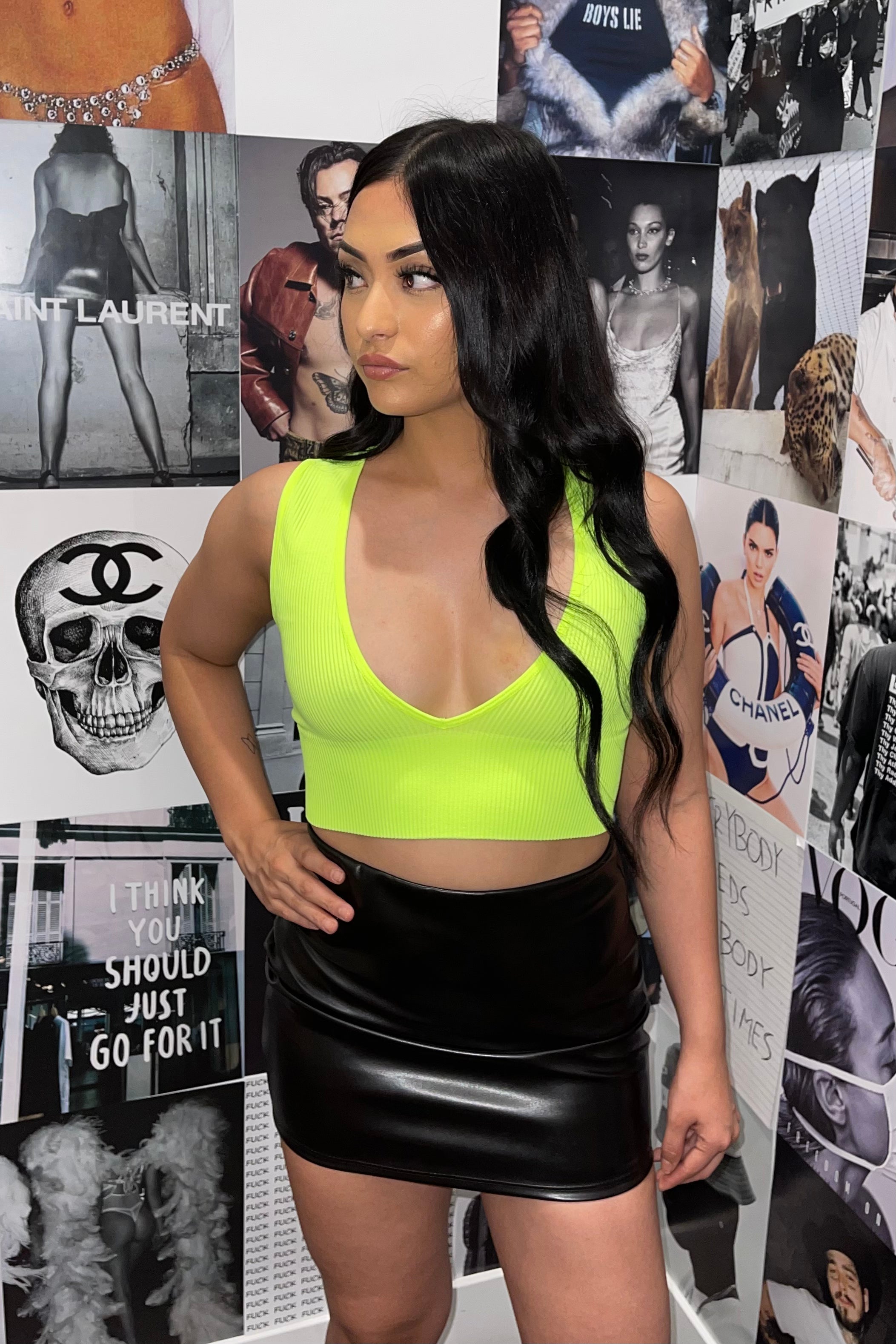 Miramar Deep V Ribbed Crop Top (Neon Yellow)