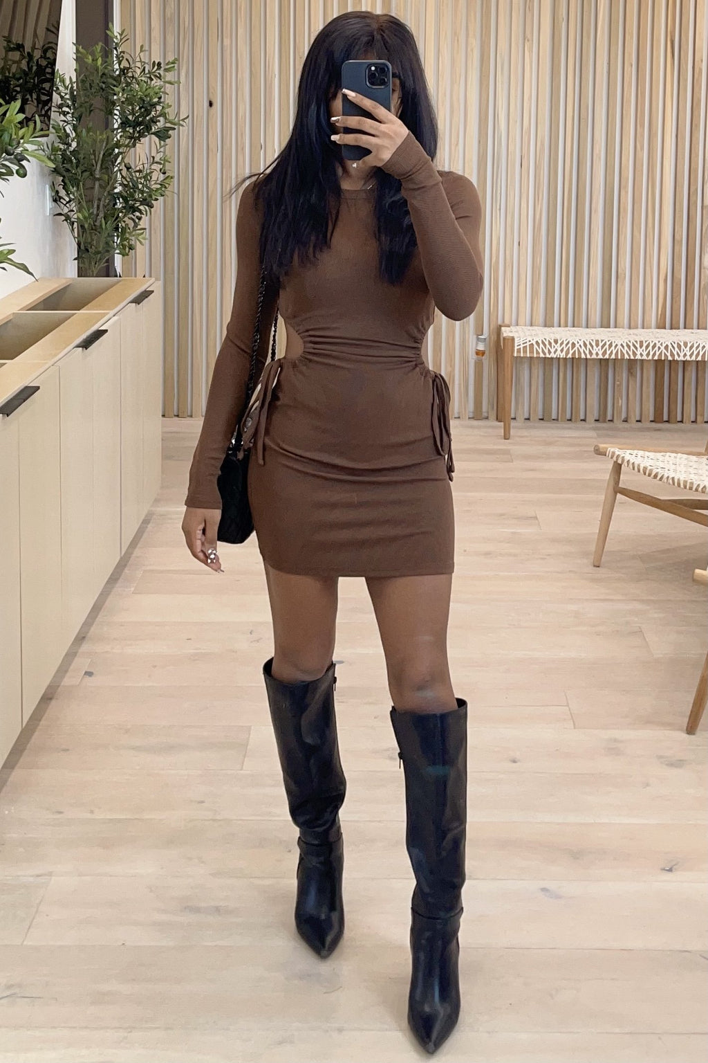 Amy Long Sleeve  Side Cut Out Dress (Chocolate Brown)
