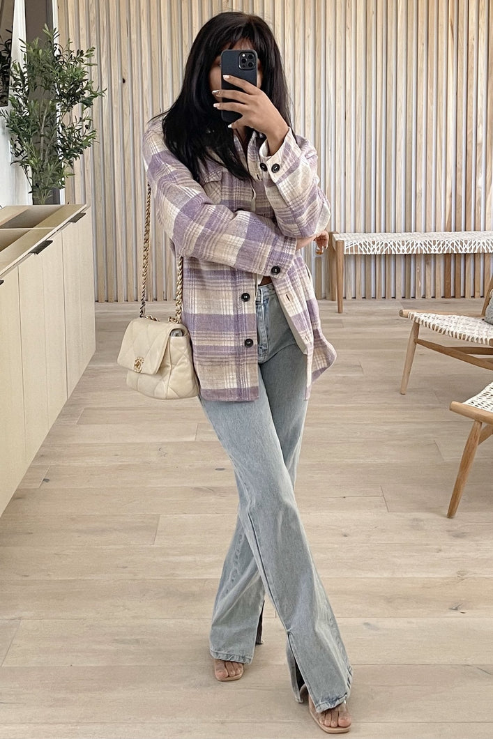 Karen Plaid Button Down Shacket (Lavender)