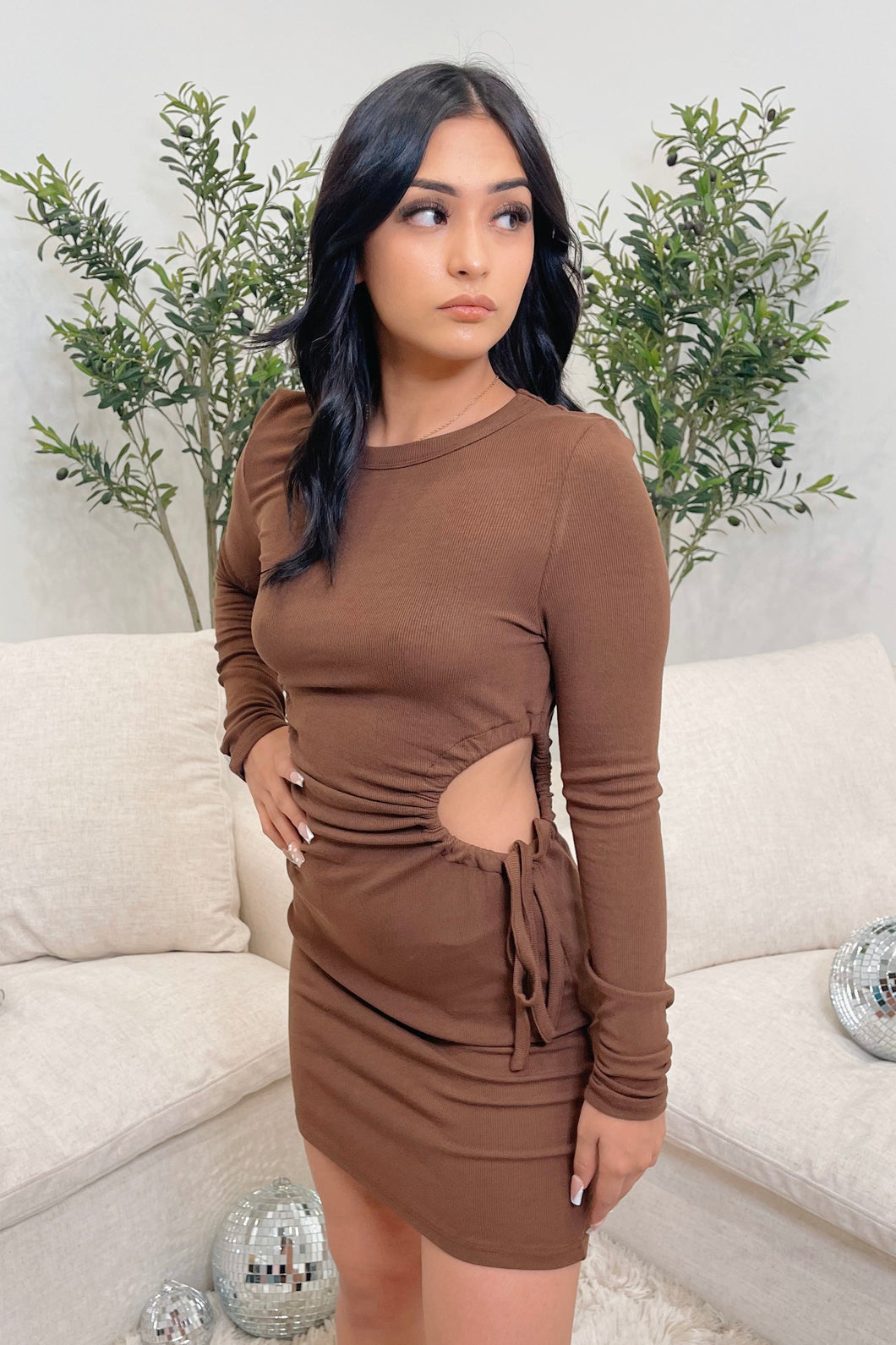 Amy Long Sleeve Side Cut Out Dress (Chocolate Brown)